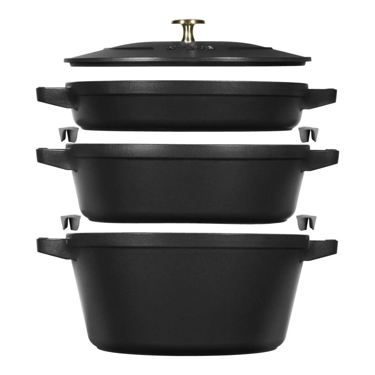 Staub Stackable Cocotte, Braiser, And Grill Pan With Lid | Black 3 Staub Stackable Cocotte, Braiser, And Grill Pan With Lid | Black