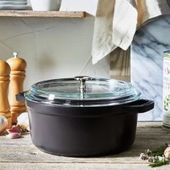 Staub 4 Qt. Round Cocotte/Dutch Oven With Glass Lid | Matte Black -Staub Shop 11412423 ls 01