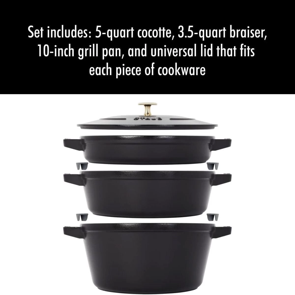 Staub Stackable Cocotte, Braiser, And Grill Pan With Lid | Black 5 Staub Stackable Cocotte, Braiser, And Grill Pan With Lid | Black - Image 3